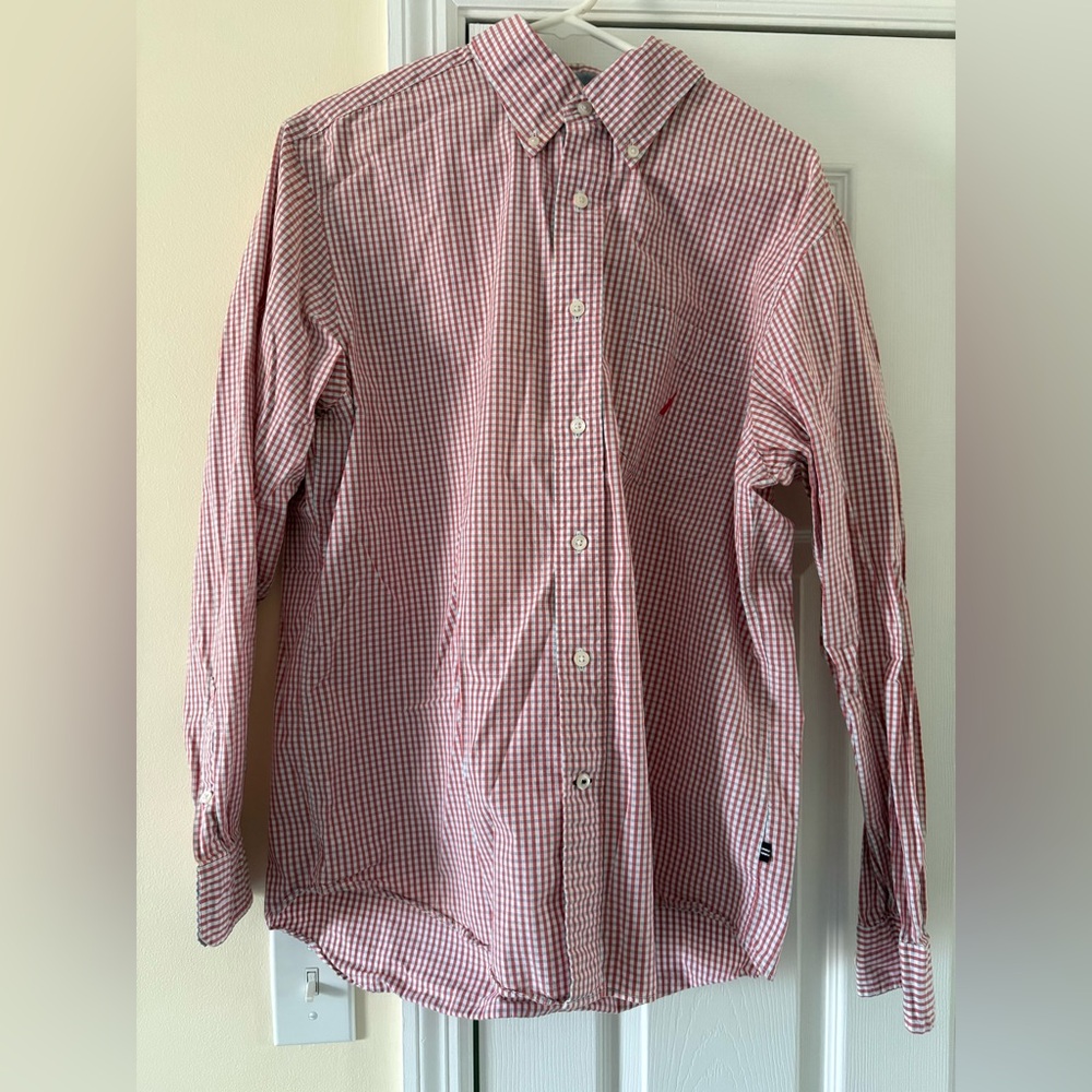 Nautica Red and White Plaid Dress Shirt Slim Fit Size Large